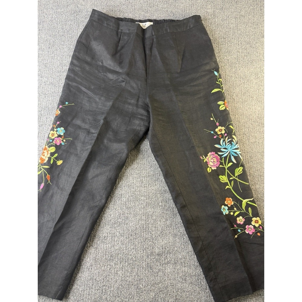 SLB Linen Embroidered Floral Pants Women's Size 12 Black Straight Leg Boh